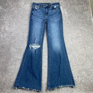 American Eagle Jeans Women’s 2 Blue Flare High Rise Dark Wash Stretch Raw Hem